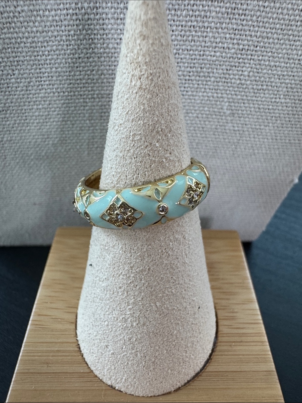 Gold-Tone Mint Enamel Dome Ring with Crystal Accents - Picture 3 of 3